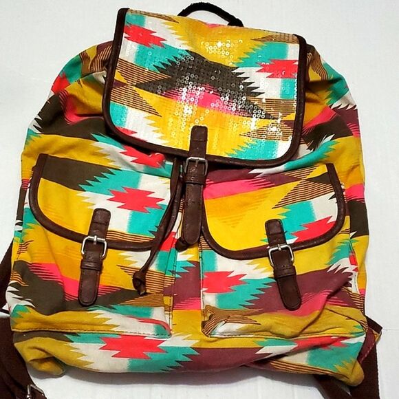 Mossimo Boho Azte  Southwestern Pattern Large Canvas Backpack - Picture 2 of 11
